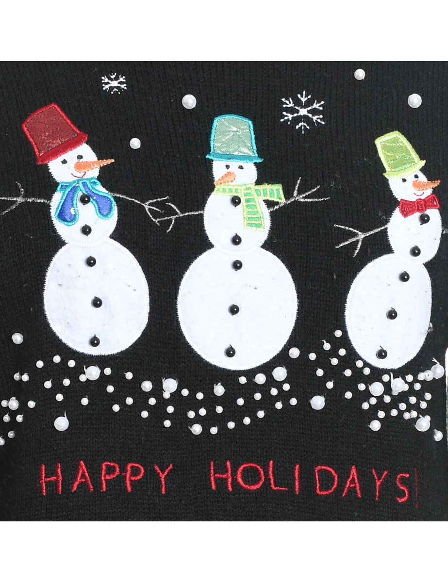 Snowman Design Black Knit Christmas Jumper - M