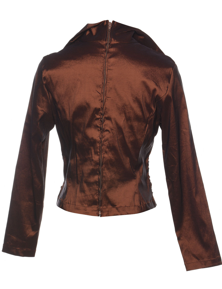 Brown Ruched Silky Y2K Evening Top - L