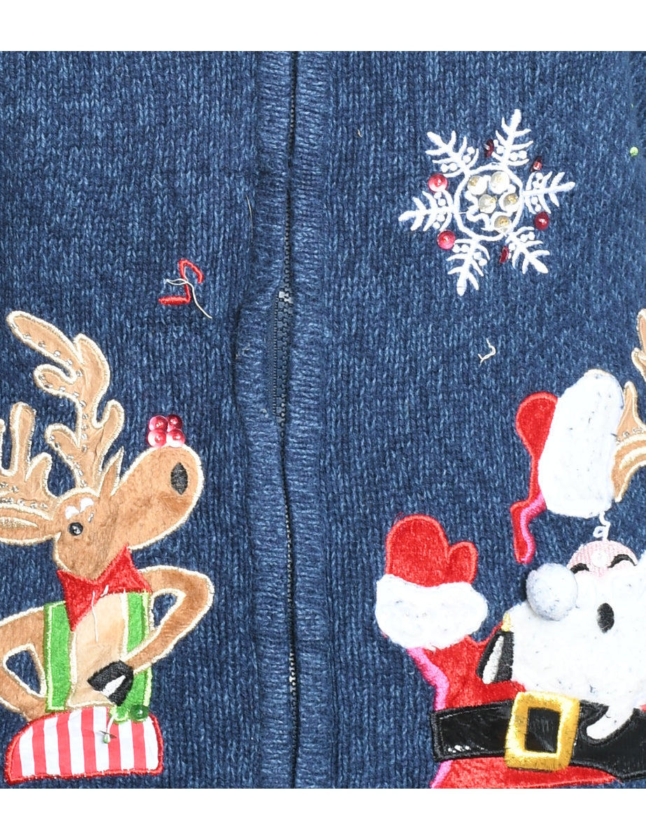 Santa Claus & Reindeer Navy Embroidered Zip-Front Christmas Cardigan - M