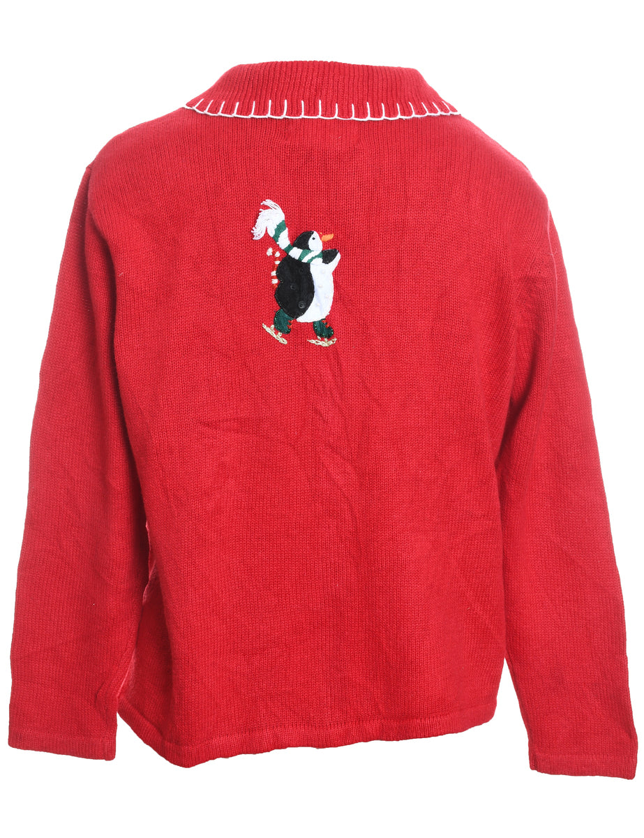 Red Embroidered Zip-Front Christmas Cardigan  - M