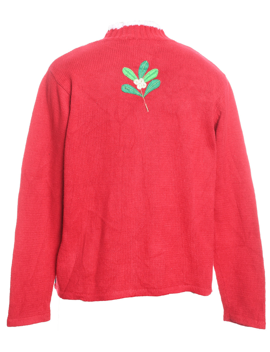 Snowman Design Black & Red Patchwork Embroidered Christmas Cardigan - M