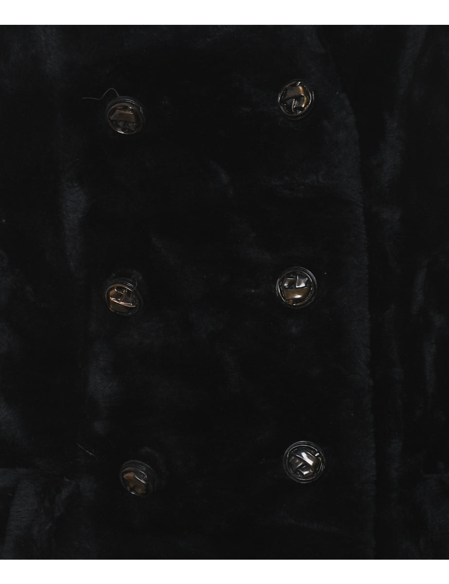Double Breasted Classic Black Faux Fur Coat - L