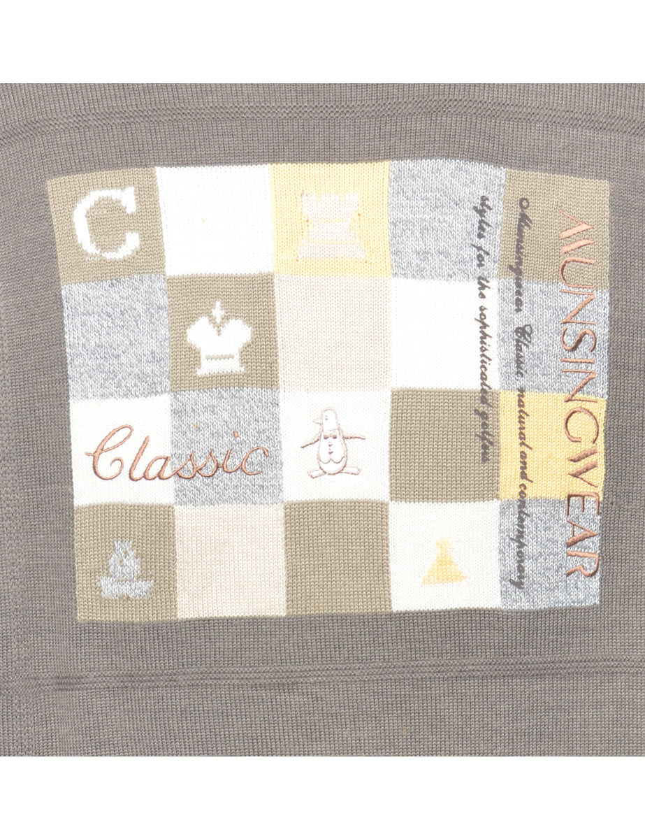 Fine Knit Grey Embroidered Jumper - L