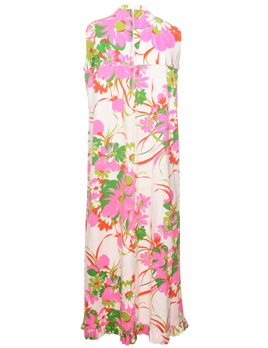 Floral Print 1970s Multi-Colour Ruffled Hem Maxi Dress - M