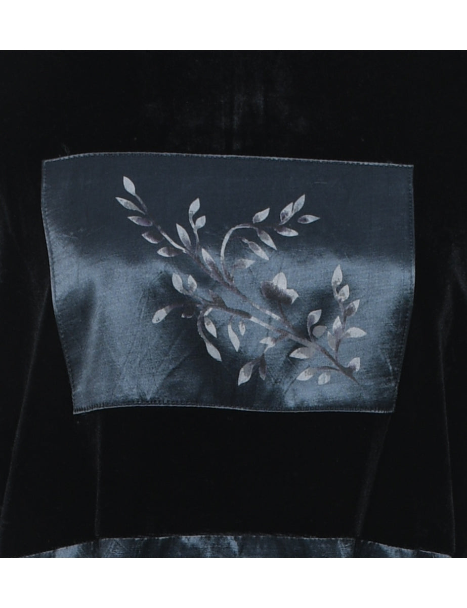 Velvet Black & Teal Silky Floral Evening Dress - L