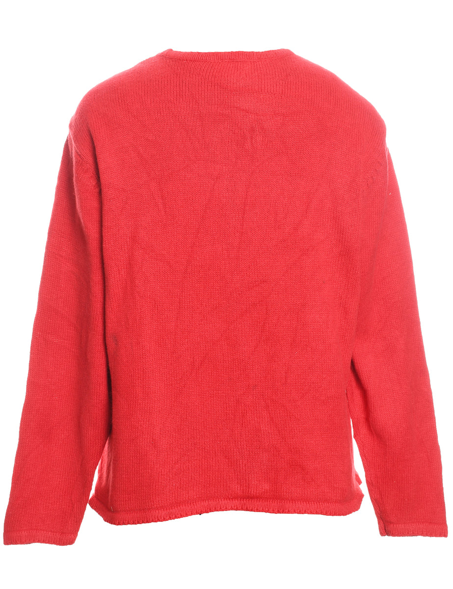Snowman Design Red Appliqued Knit Christmas Cardigan - M