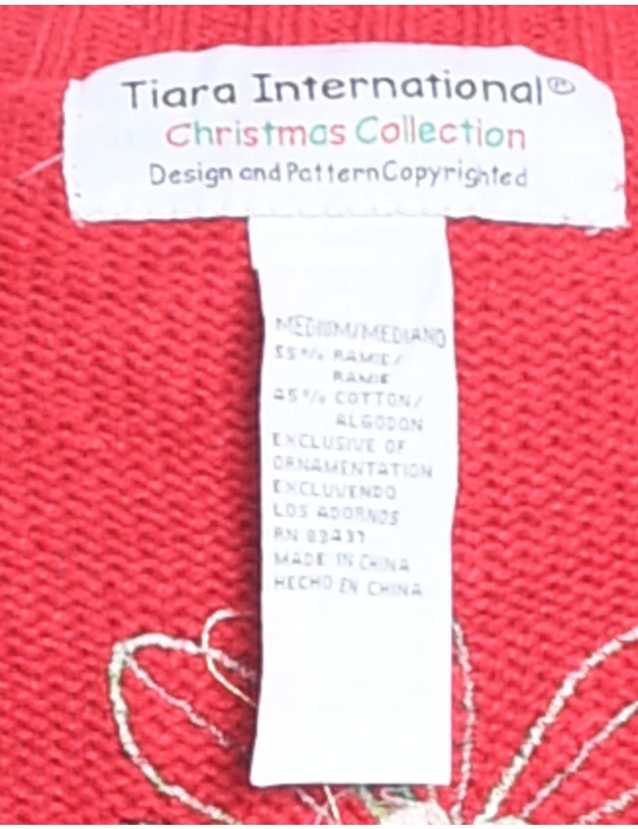 Snowman Design Black & Red Patchwork Embroidered Christmas Cardigan - M