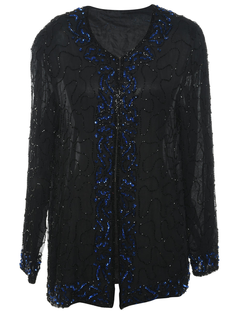 Beaded Black & Blue Evening Jacket - M