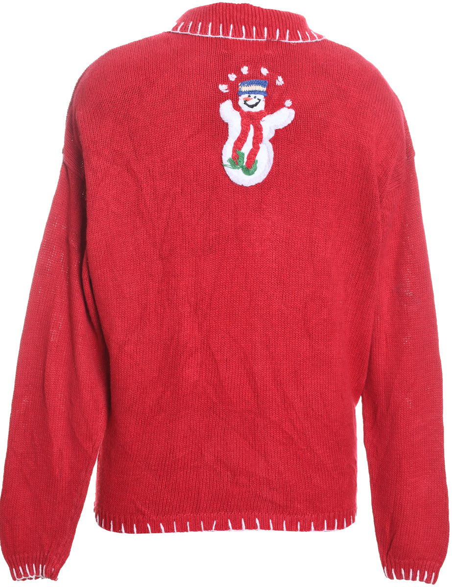 Snowman Design Red & White Zip-Front Christmas Cardigan - M