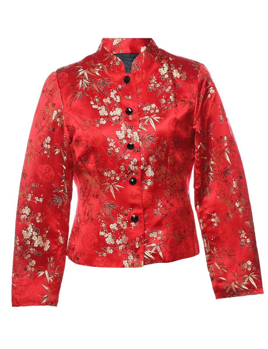 Jacquard Red Floral Metallic Evening Jacket - M