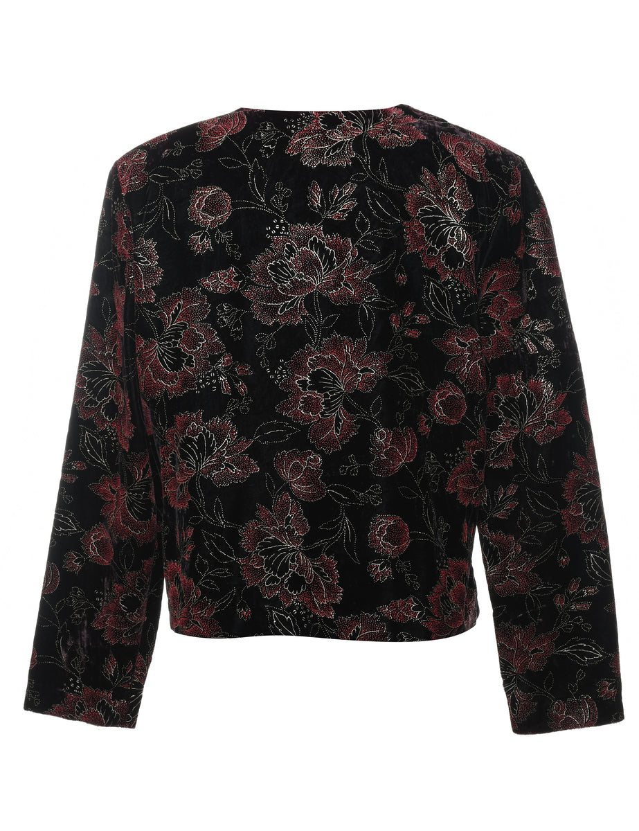 Floral Pattern Black & Silver Sparkly Velvet Evening Jacket - L