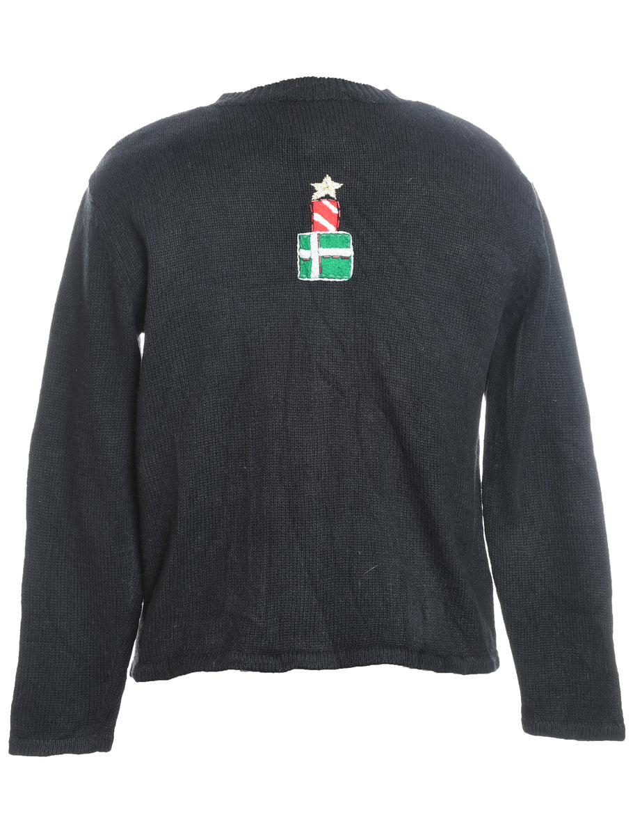 Santa Claus Design Black Embroidered Christmas Cardigan - S