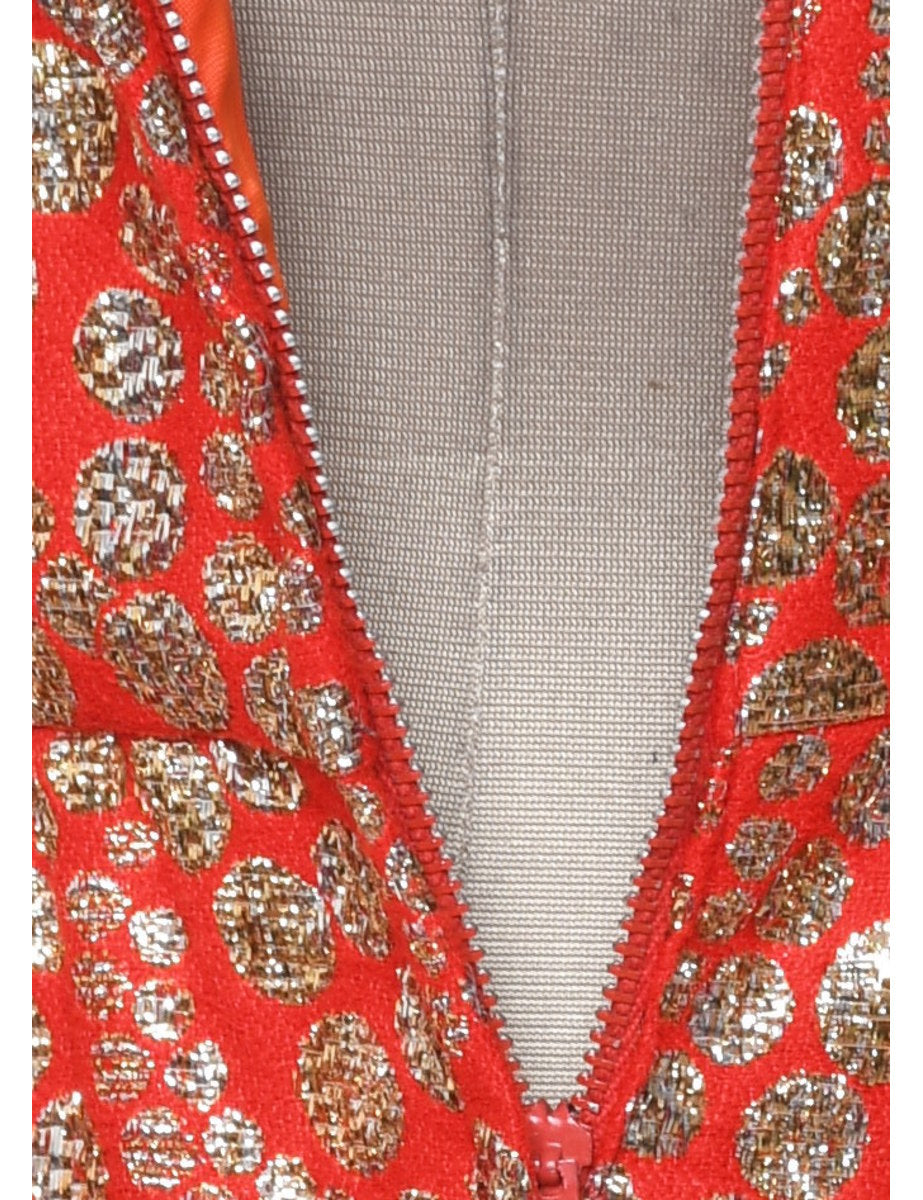 Lurex Thread Pattern Red & Silver 1970s Maxi Evening Dress - XS