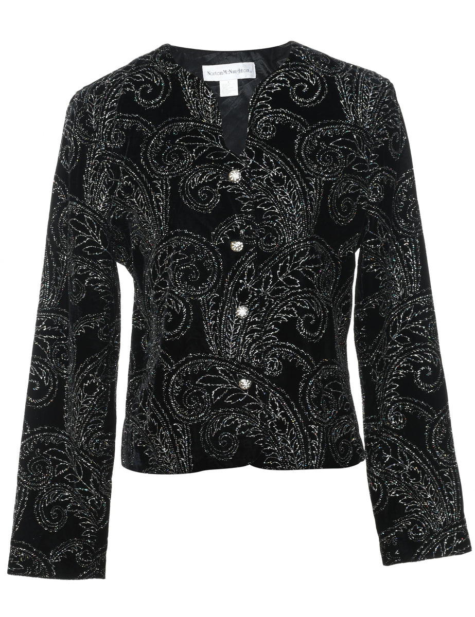 Black & Silver Velvet Sparkly Paisley Evening Jacket - M
