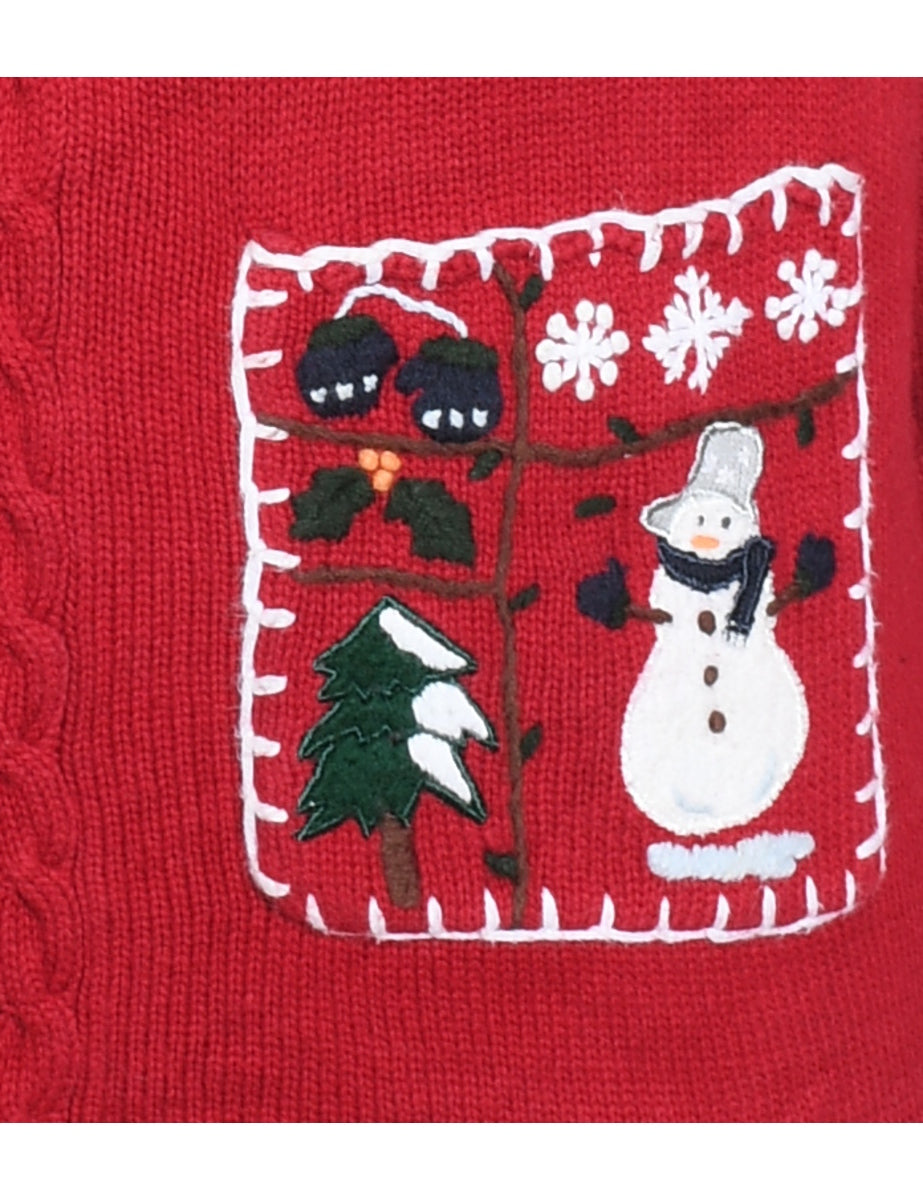 Snowman Design Red Embroidered Christmas Cardigan - M