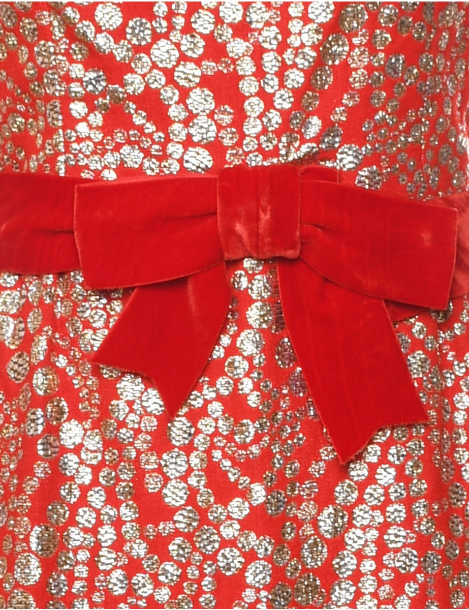Lurex Thread Pattern Red & Silver 1970s Maxi Evening Dress - XS