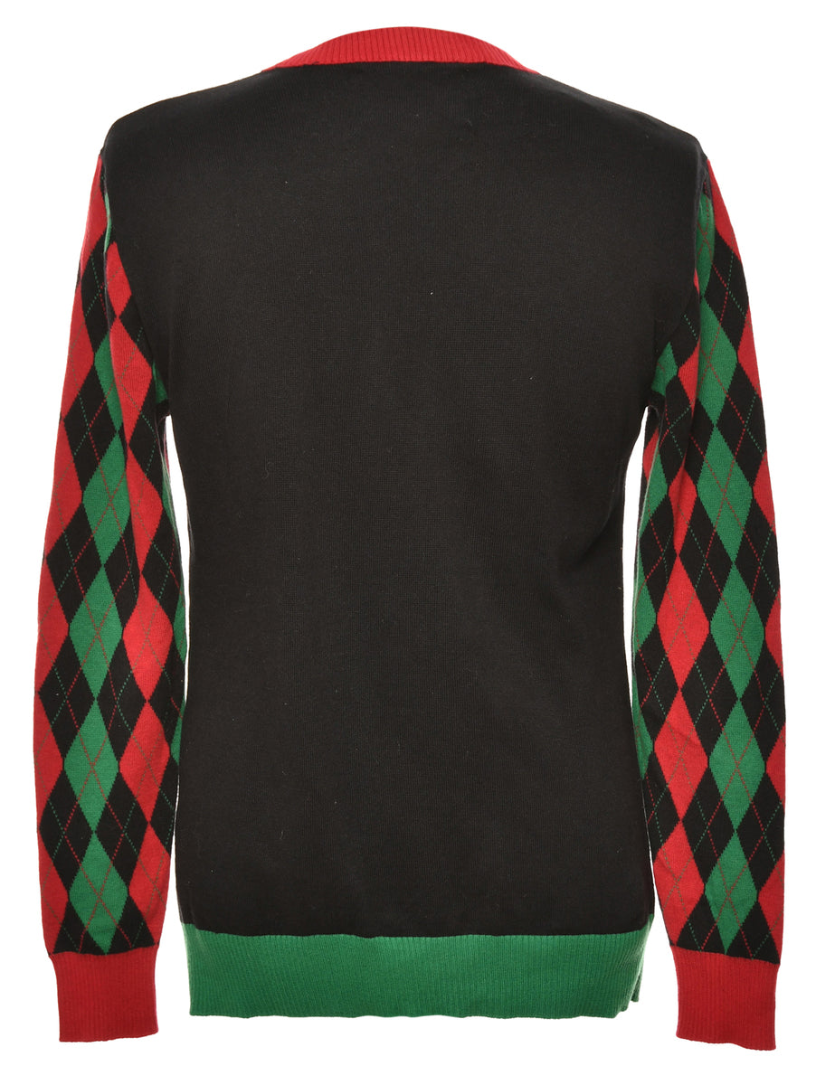 Black, Red & Green Argyle Design Christmas Jumper - S