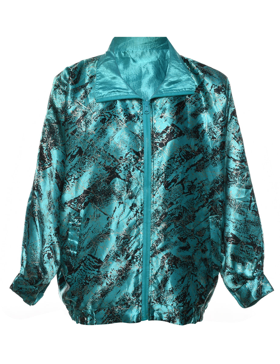 Turquoise & Black Shiny Abstract Print Nylon Jacket - L