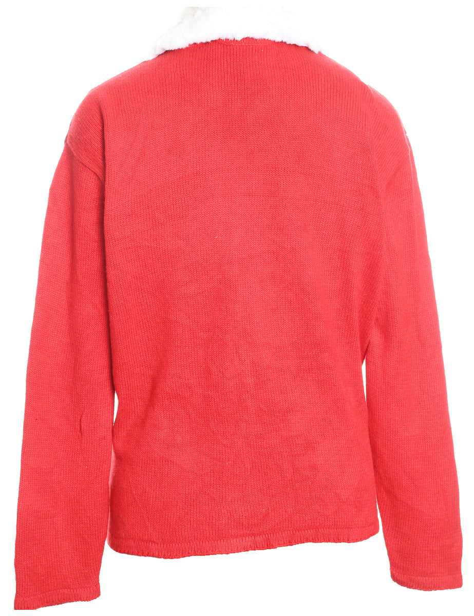 Snowman Design Red Faux Fur Collar Christmas Cardigan - L