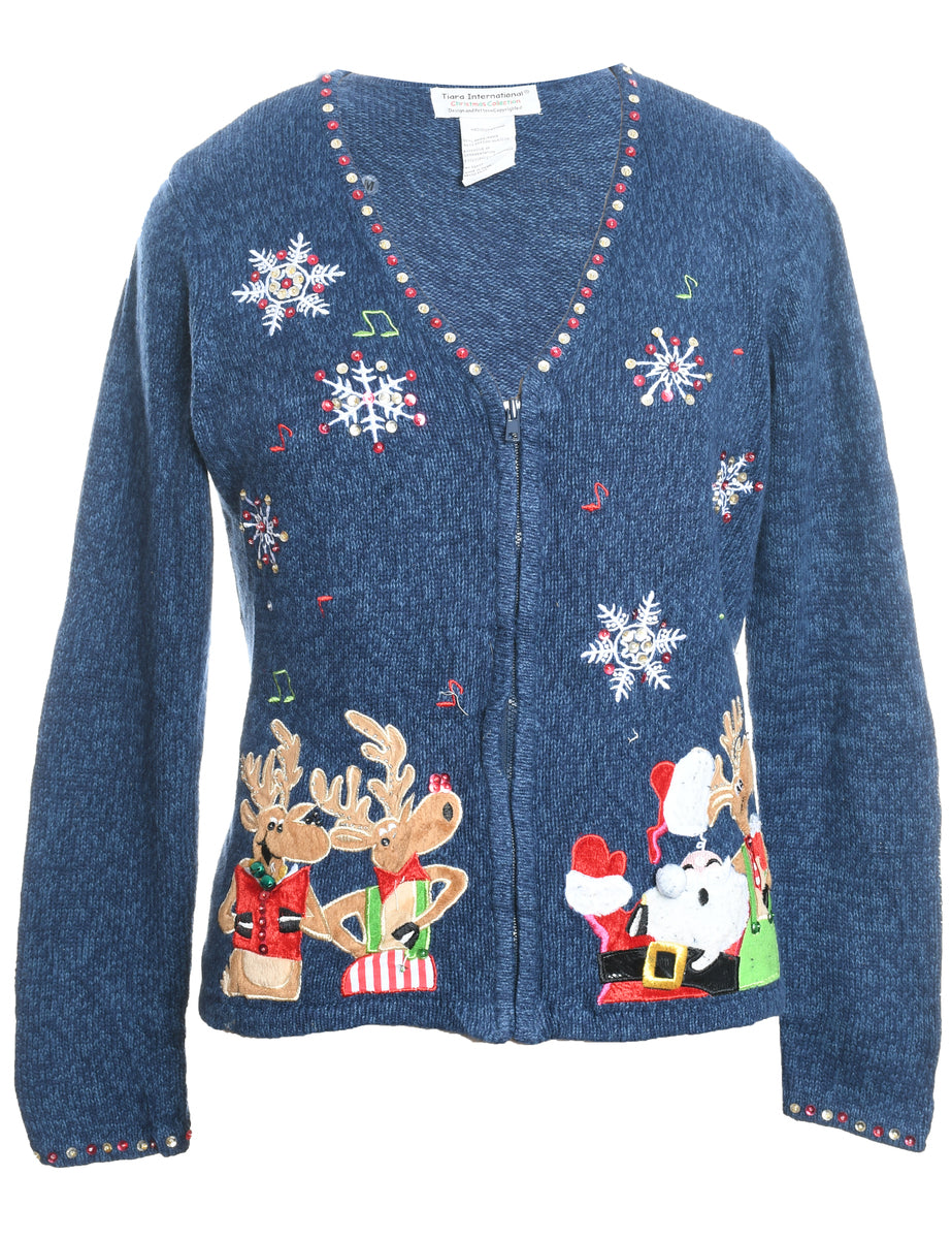 Santa Claus & Reindeer Navy Embroidered Zip-Front Christmas Cardigan - M