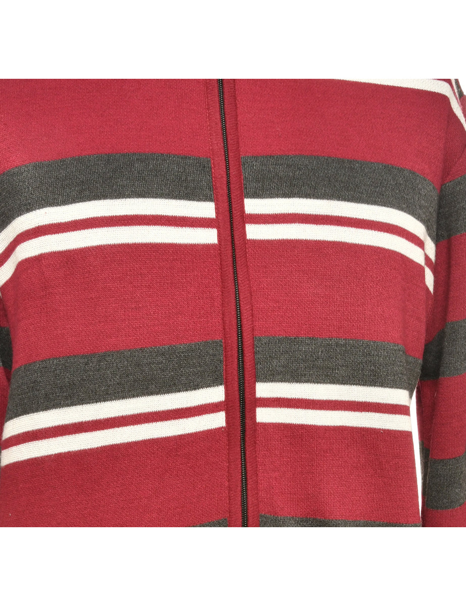 Striped Brown & Maroon Knit Cardigan - L