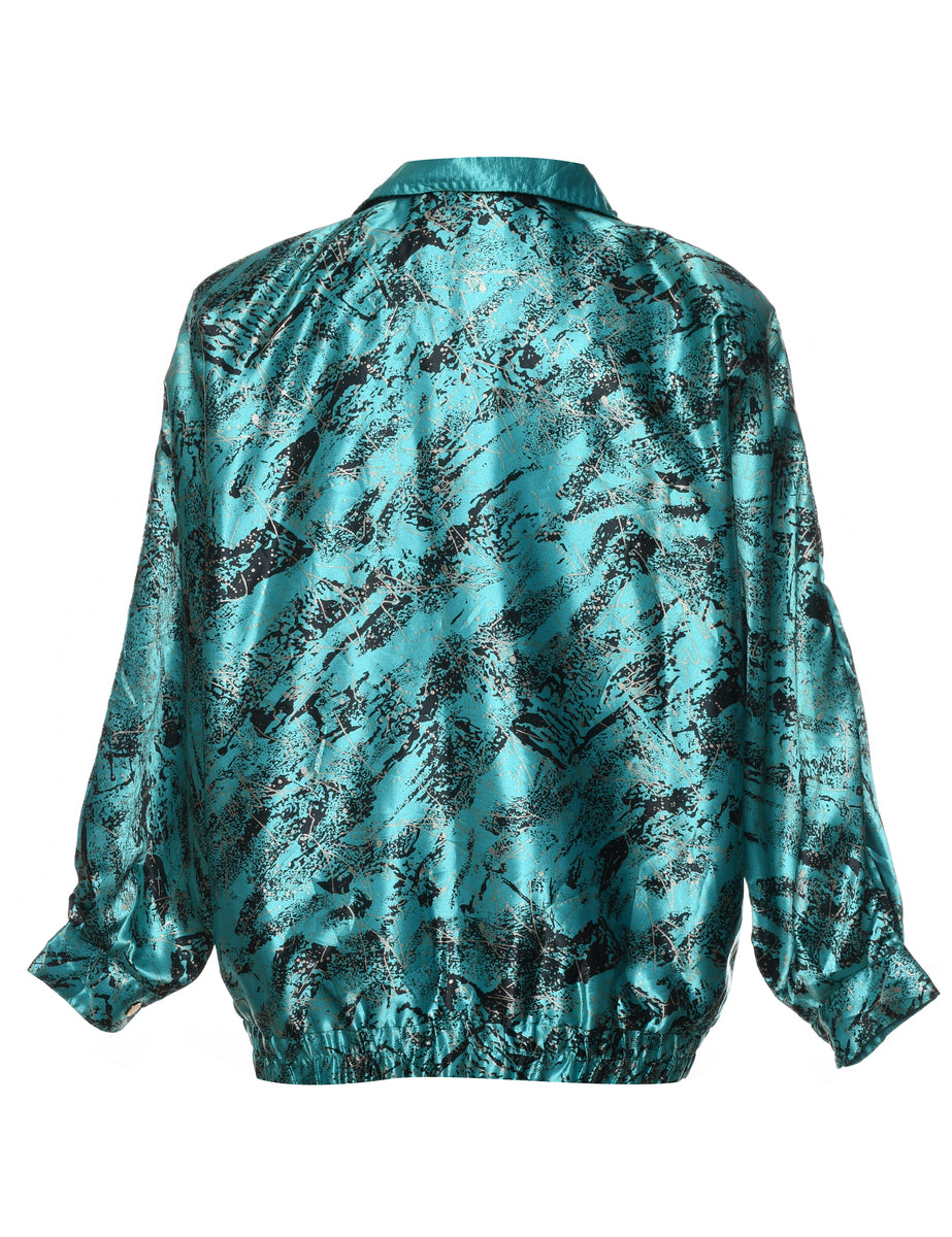 Turquoise & Black Shiny Abstract Print Nylon Jacket - L