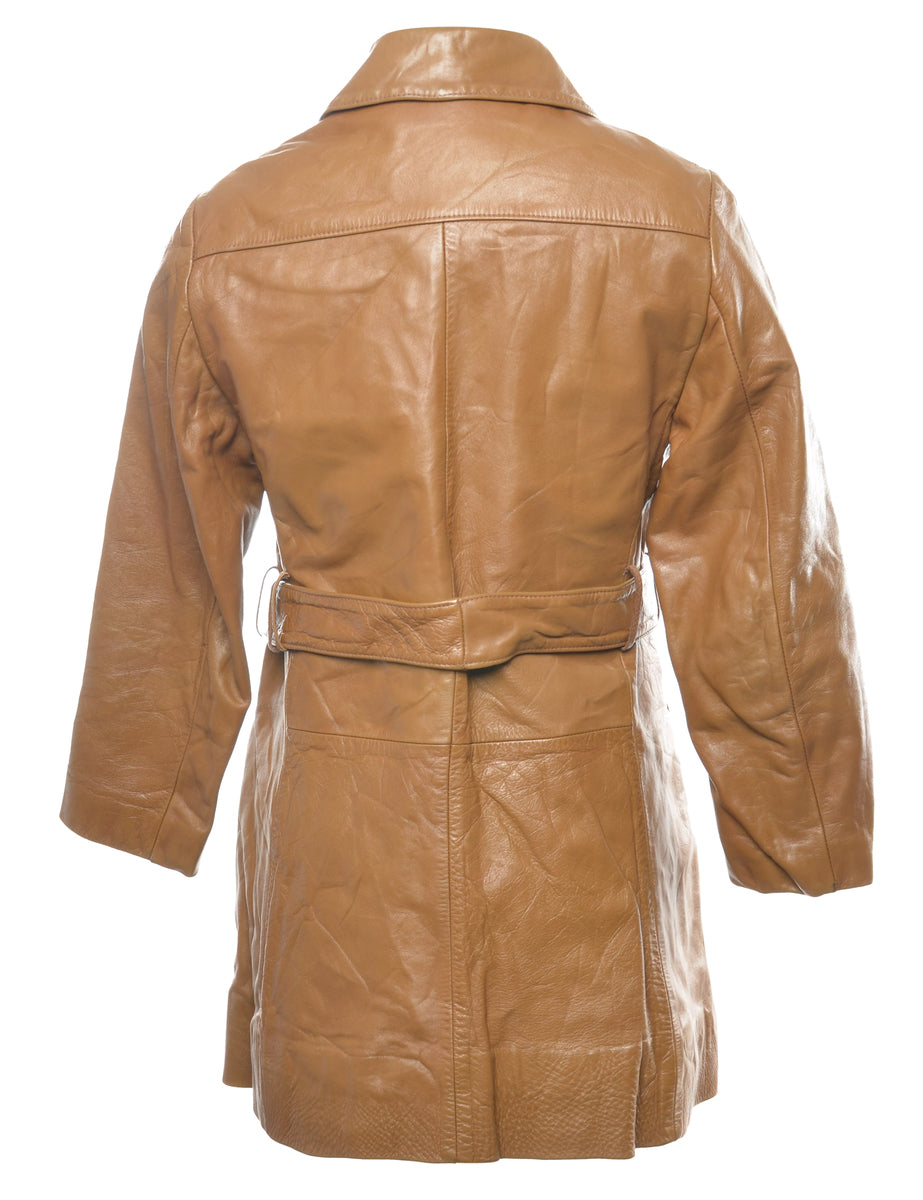 Double Breasted Brown Leather Jacket - S
