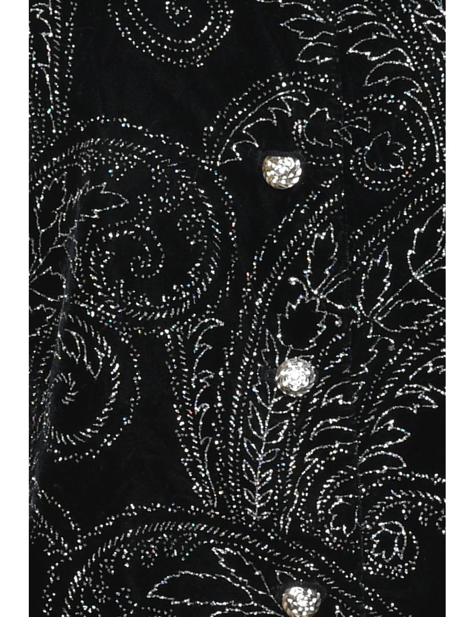 Black & Silver Velvet Sparkly Paisley Evening Jacket - M