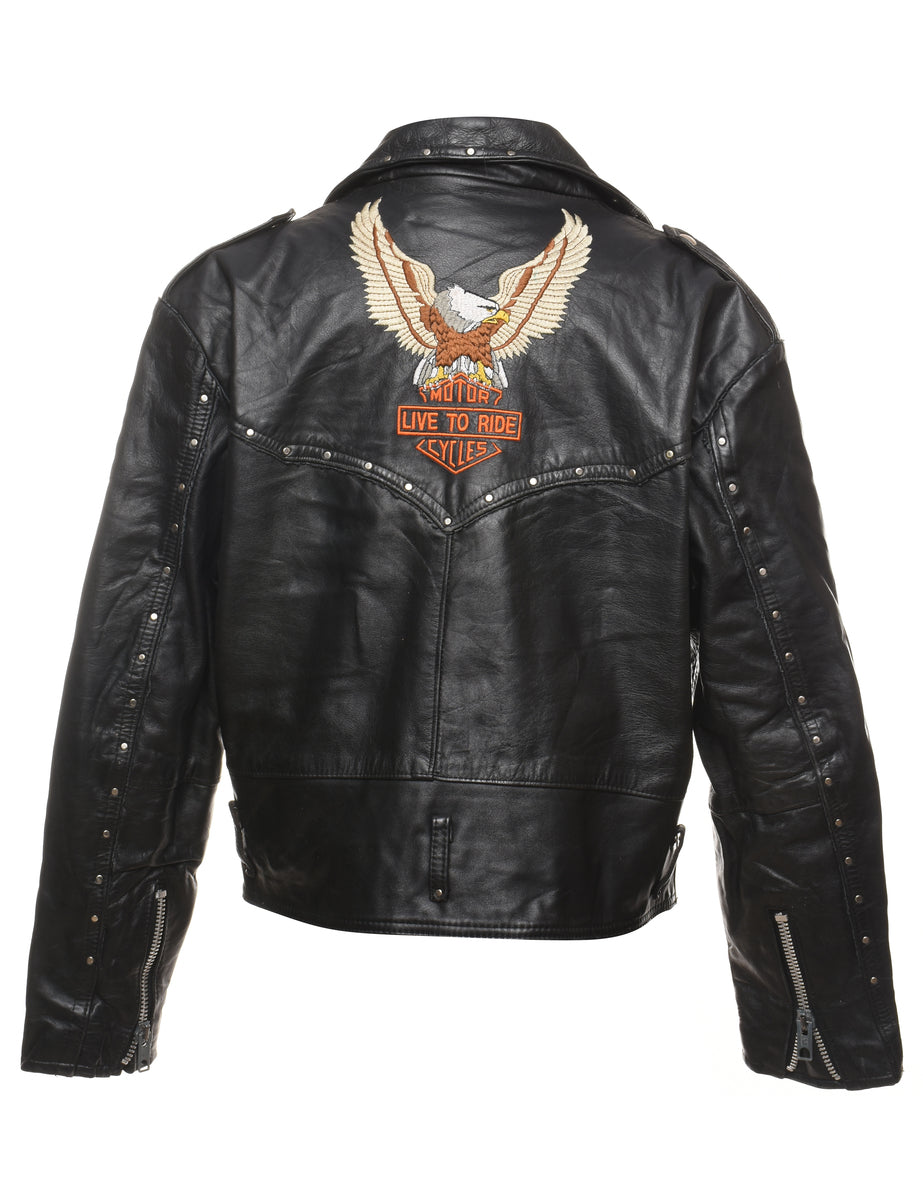 Black Studded Harley Davidson Embroidered Leather Jacket - L