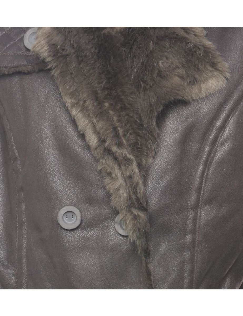 Faux Fur Lining Midi Length Coat - L