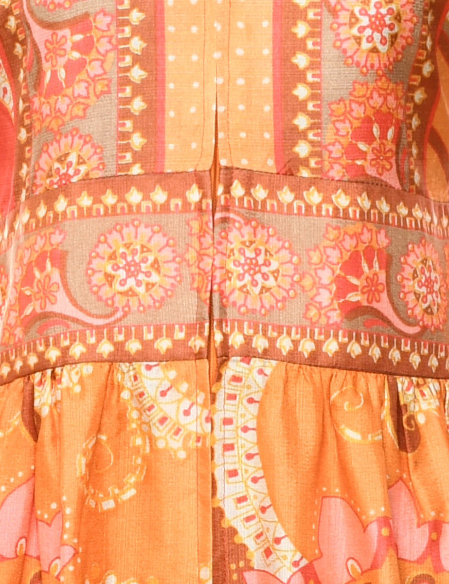 1970s Floral & Paisley Print Orange & Red Maxi Dress - S