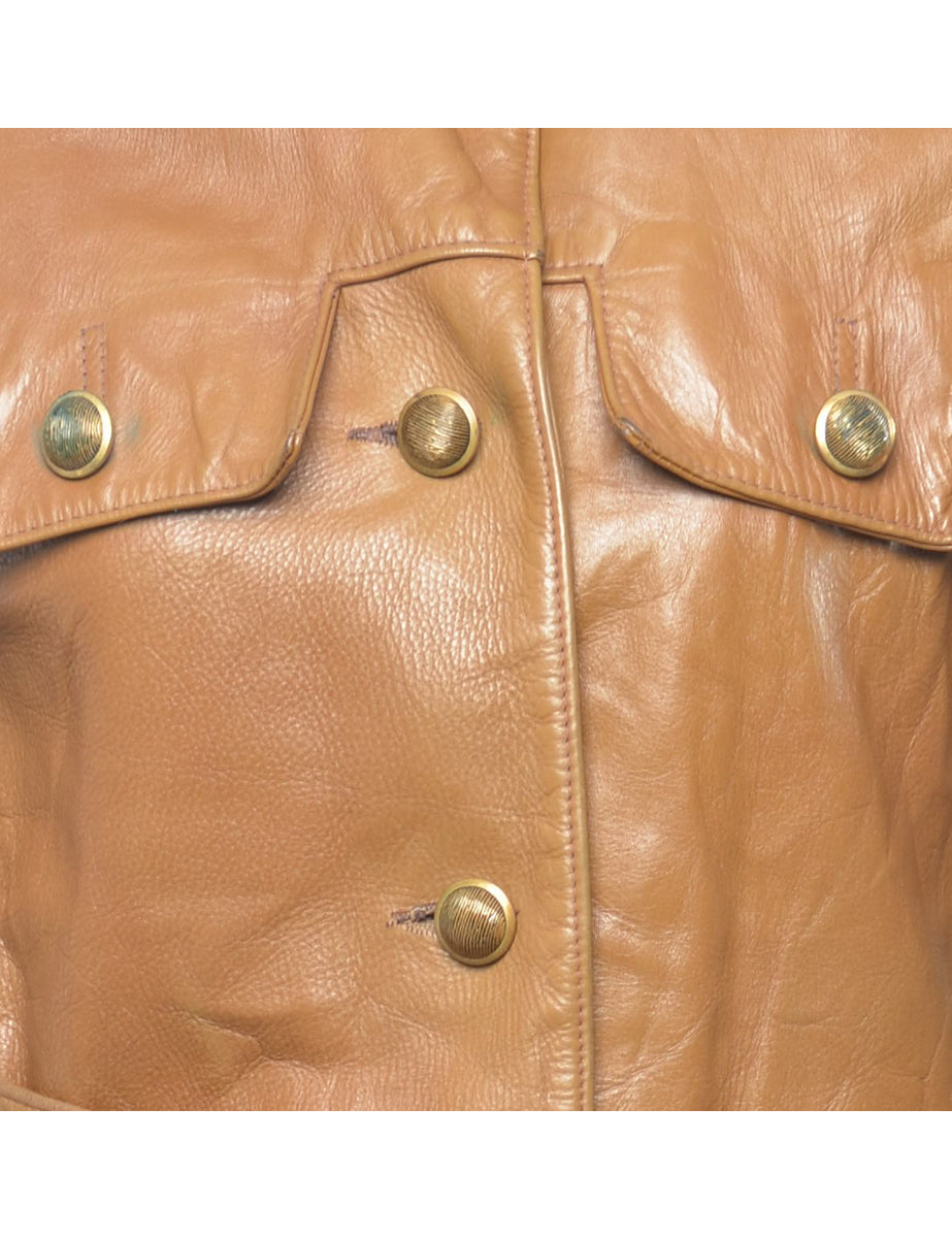 Double Breasted Brown Leather Jacket - S