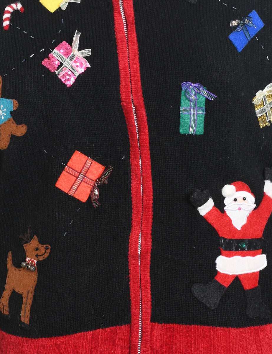 Santa Claus & Reindeer Design Multi-Colour Christmas Cardigan - M