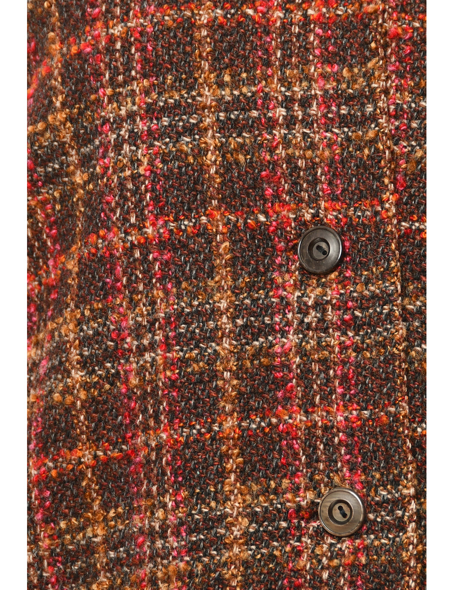Checked Brown Wool Coat - M