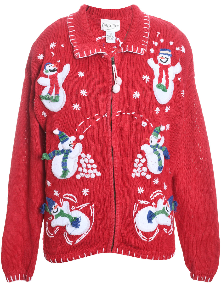 Snowman Design Red & White Zip-Front Christmas Cardigan - M