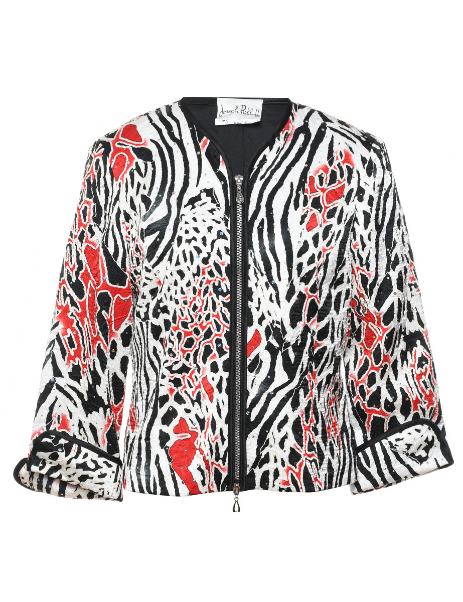 Black, White & Red Abstract Pattern Sparkly Evening Jacket - M