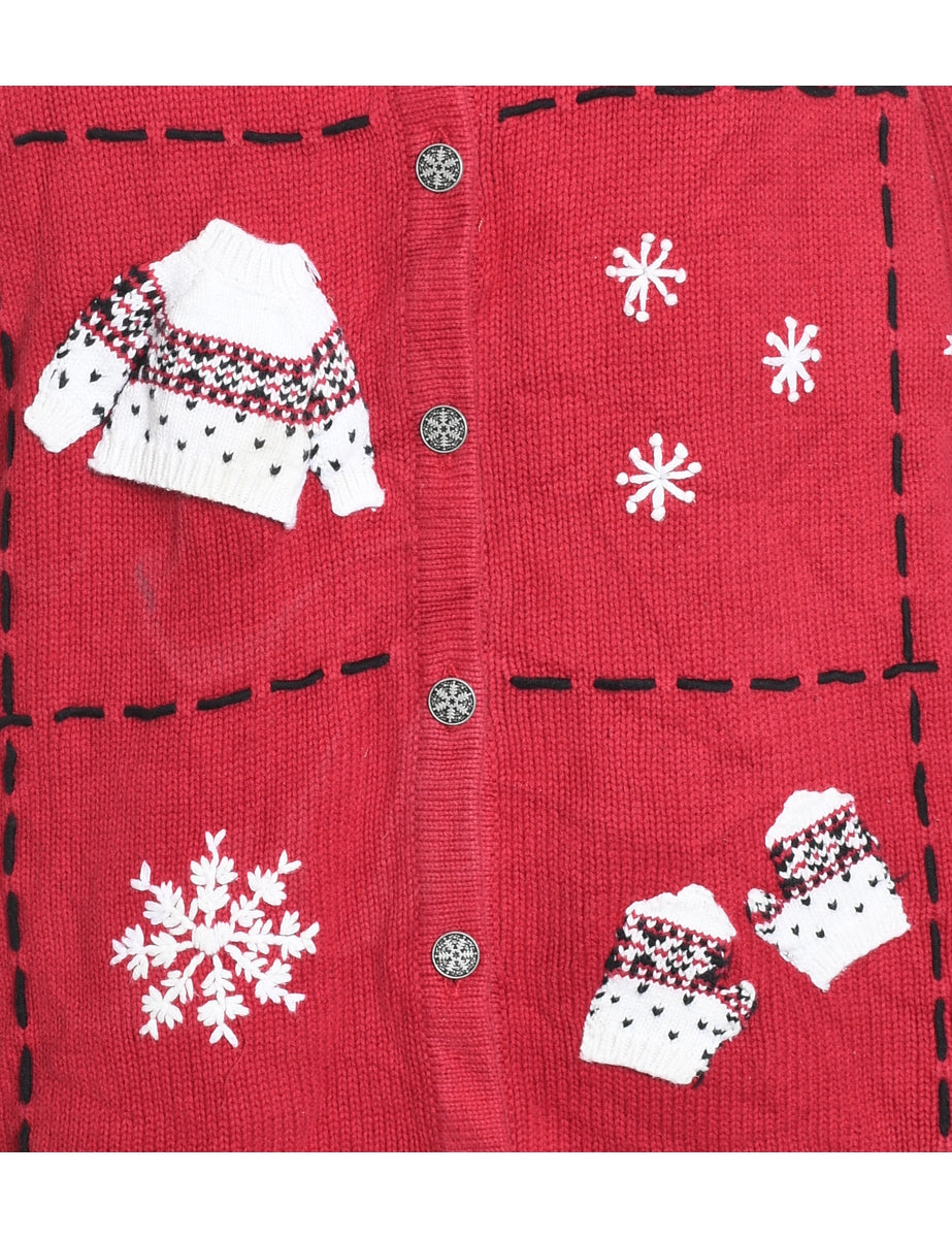 Red Embroidered Christmas Cardigan - L