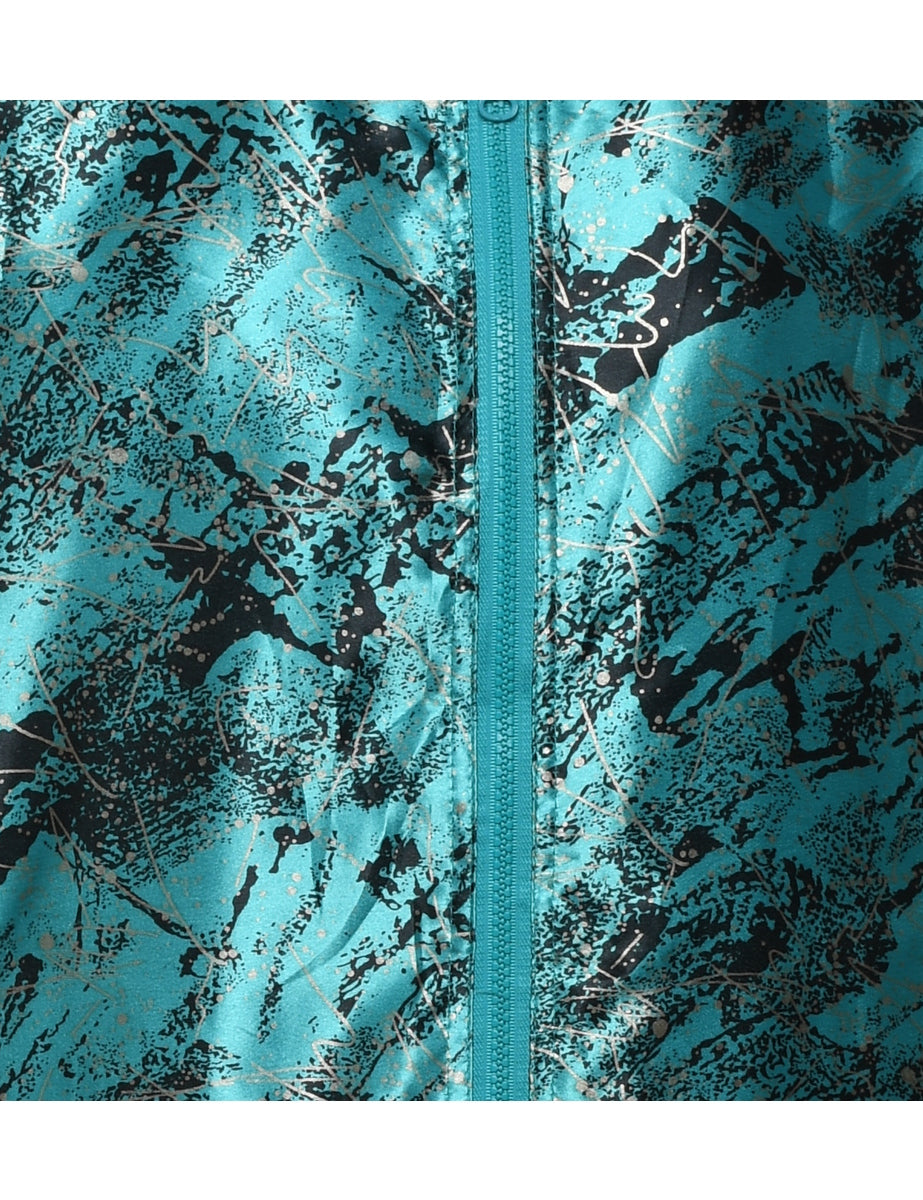 Turquoise & Black Shiny Abstract Print Nylon Jacket - L