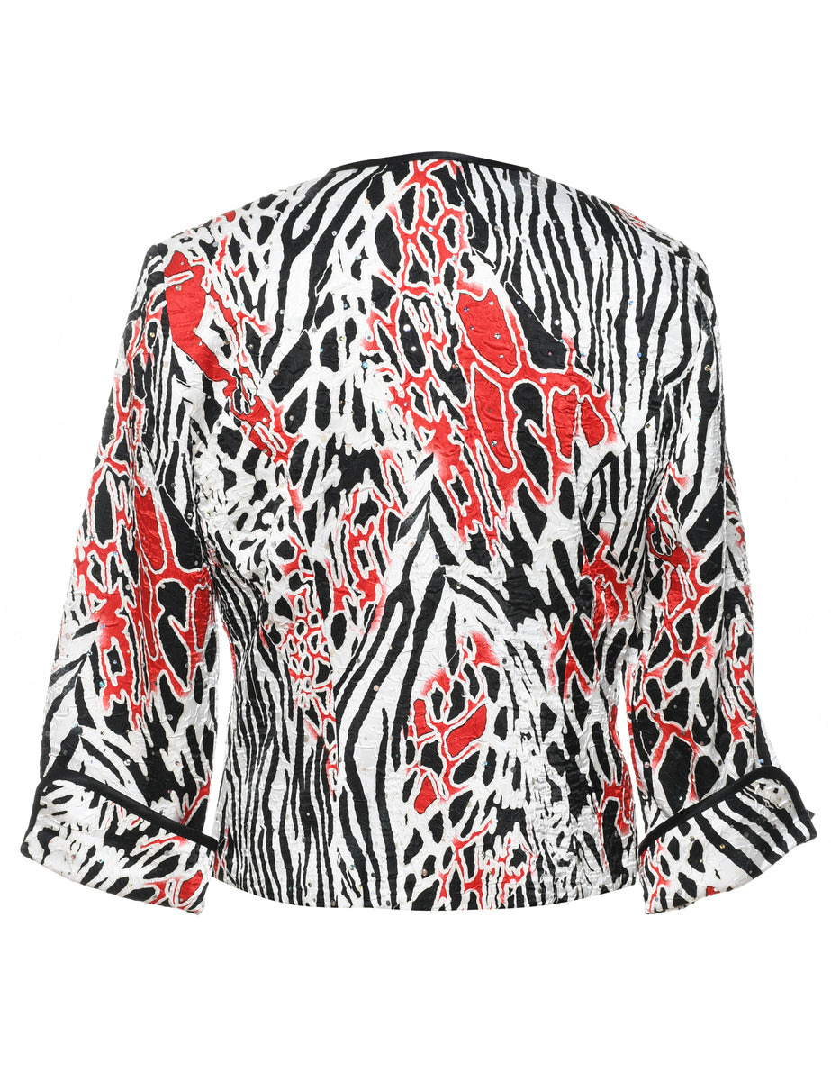 Black, White & Red Abstract Pattern Sparkly Evening Jacket - M