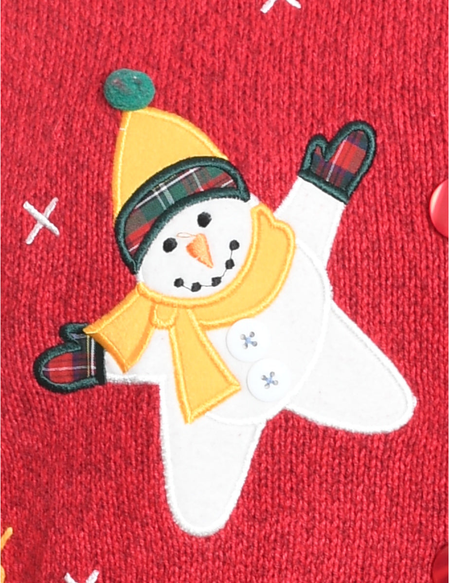Snowman Design Red Embroidered Christmas Cardigan - XL