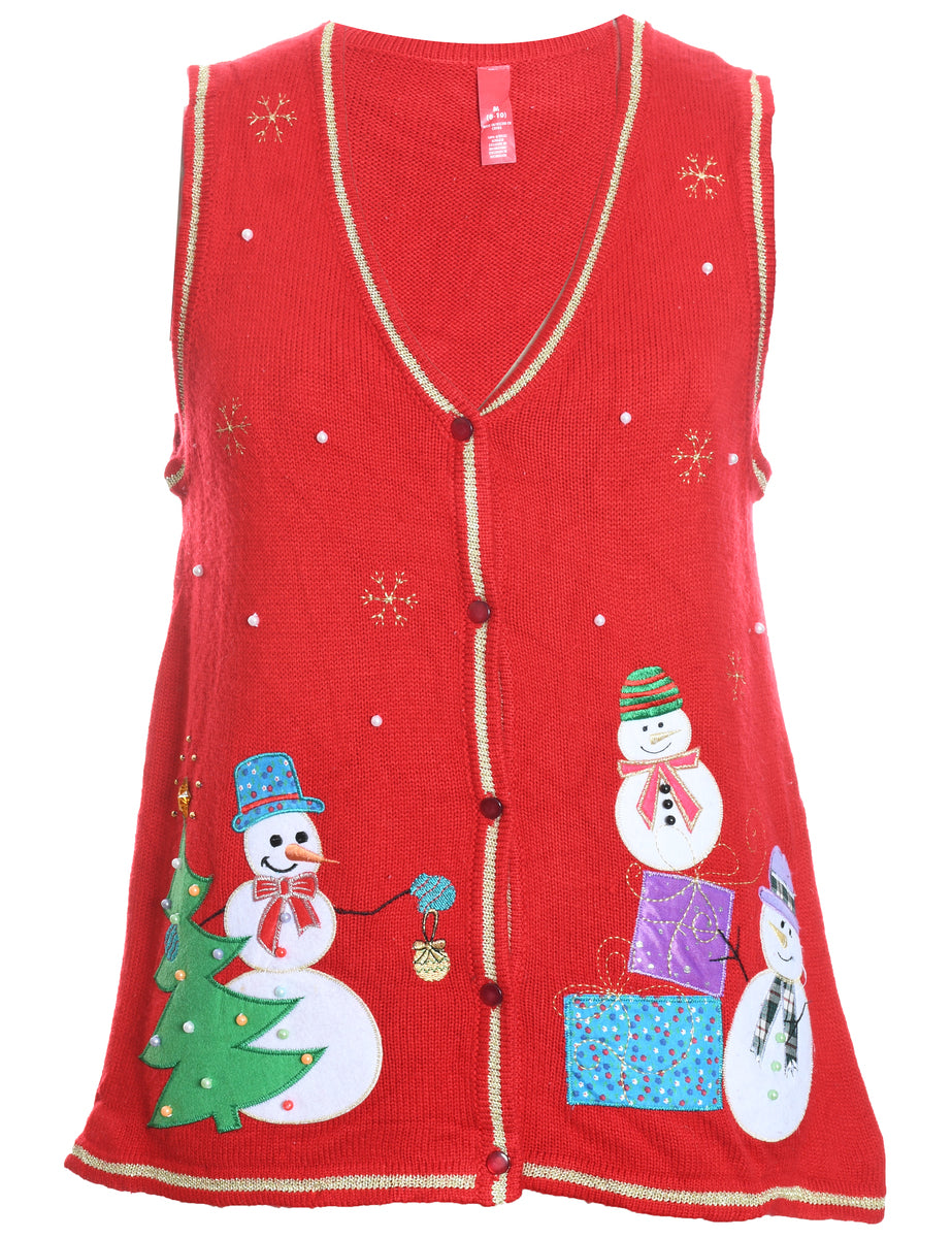 Snowman Design Red Embroidered Christmas Sweater Vest - M