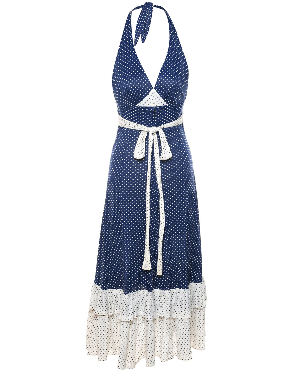 1970s Polka Dot Navy & White Halterneck Dress - S