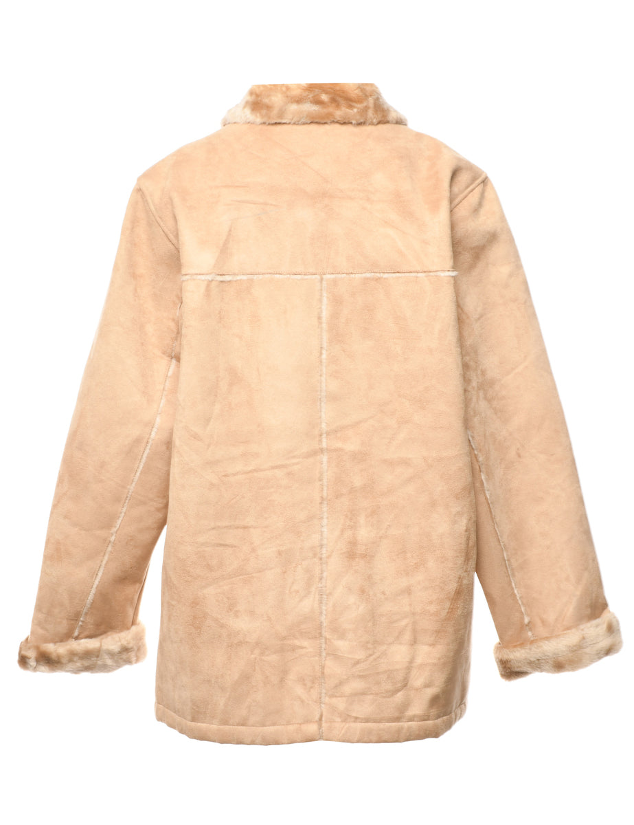 Faux Fur Lining Midi Length Coat - L