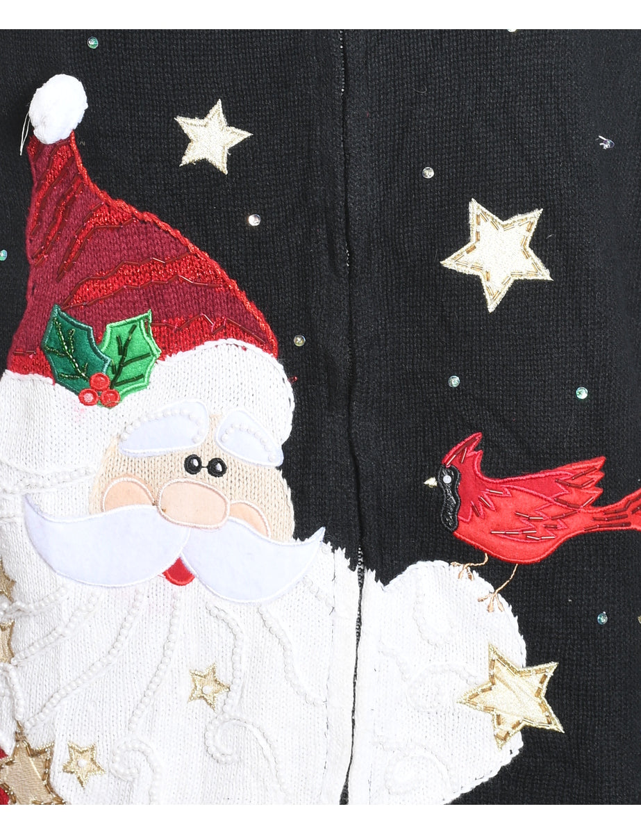 Santa Claus Design Black Embroidered Christmas Cardigan - M