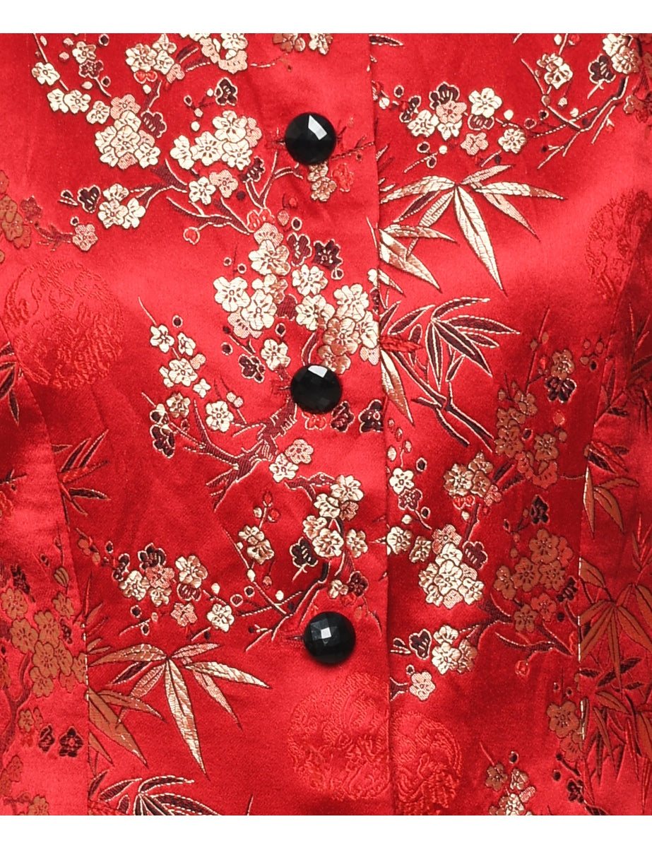 Jacquard Red Floral Metallic Evening Jacket - M