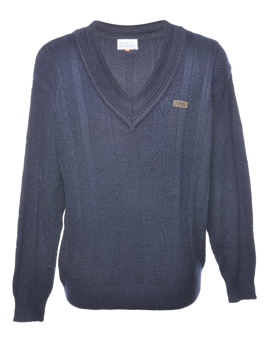 Cable Knit Navy V-Neck Jumper - L