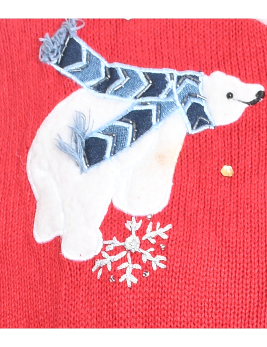Polar Bear Design Red & White Appliqued Christmas Cardigan - L