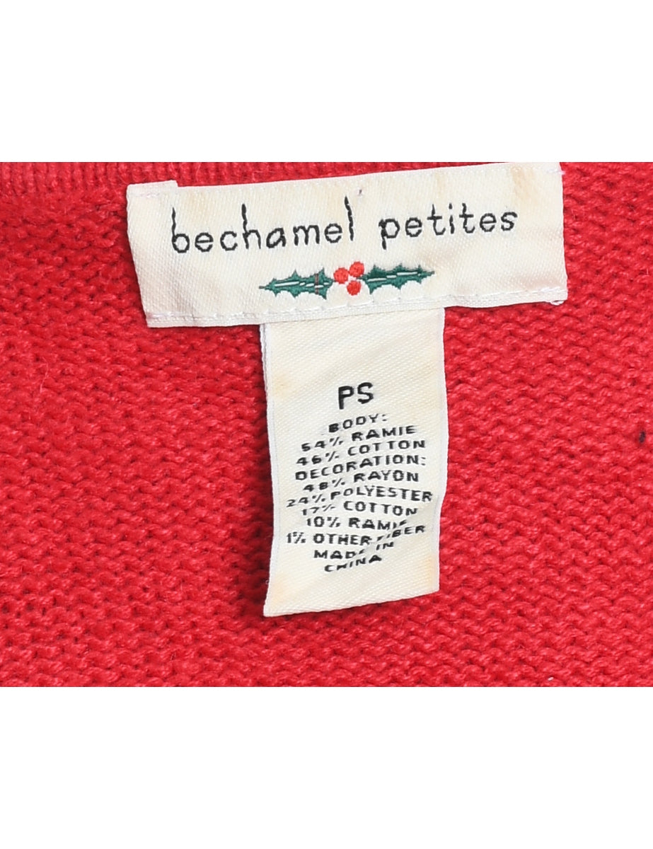 Snowman Design Red Appliqued Christmas Cardigan - S