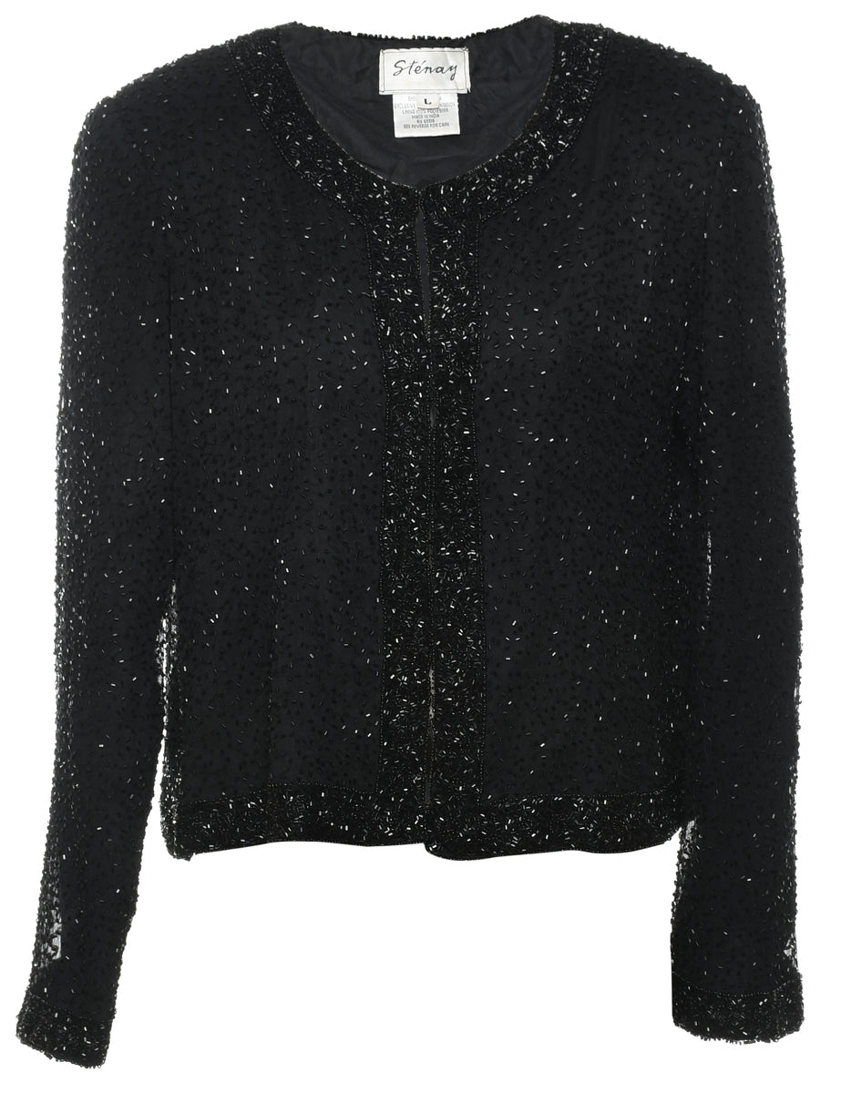 Beaded 100% Silk Black Evening Jacket - L
