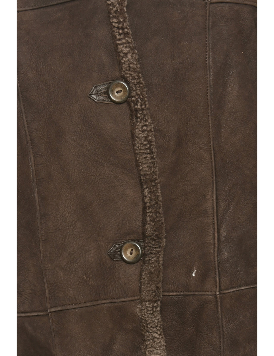 Hooded Dark Brown Suede Sherling Coat - M